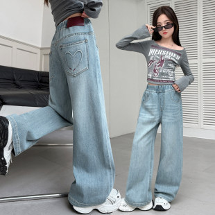 女童女孩宽松款阔腿洋气休闲裤子2026新款直筒裤潮牛仔裤浅色春秋