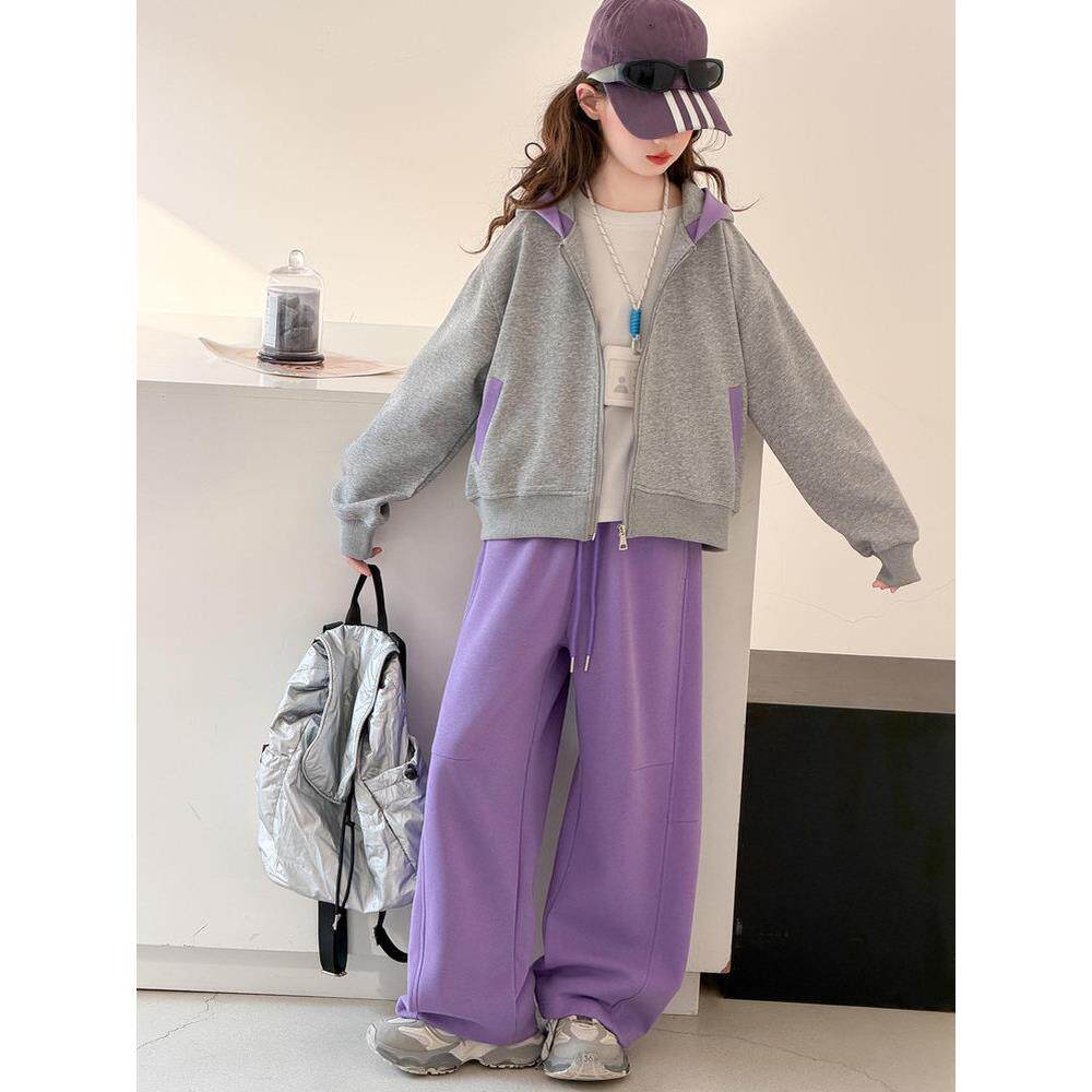 运动装套装中大童女童2026洋气新款外套连帽休闲女孩春秋春装卫衣