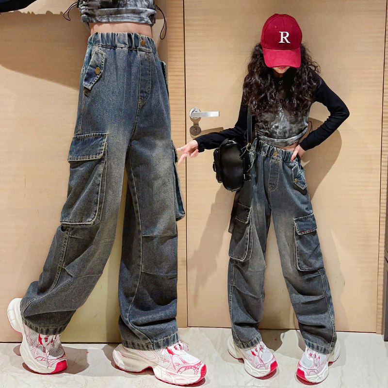 宽松女大童阔儿童牛仔裤裤子女童春季春秋腿工装裤裤休闲春款洋气