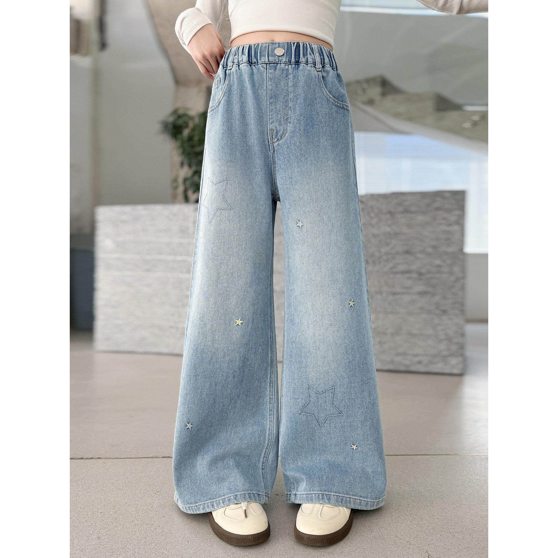 女童裤子新款超好看春季初中生五角星牛仔裤阔腿裤女大童2026春秋