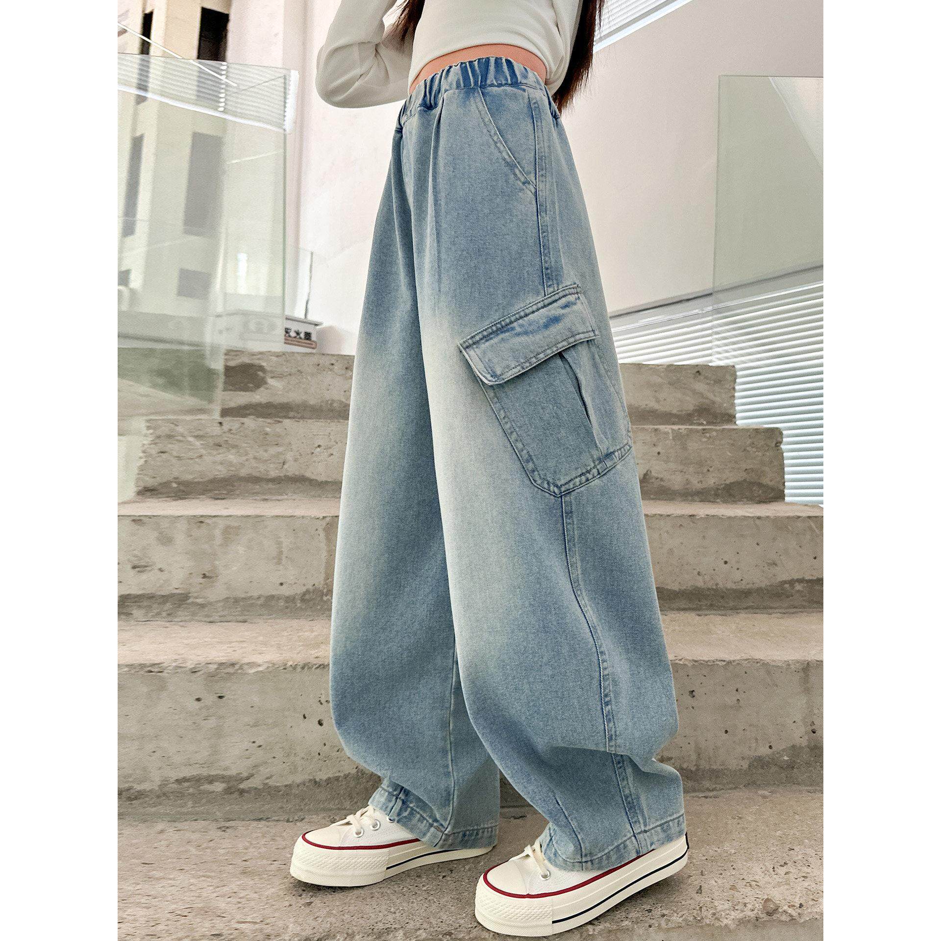 休闲裤中大童百搭宽松弯刀女童新款风长裤2026阔腿裤工装女孩牛仔