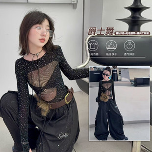 爵士舞T恤大上衣长袖烫酷装工装裤女童潮风潮童装辣妹童女钻街舞