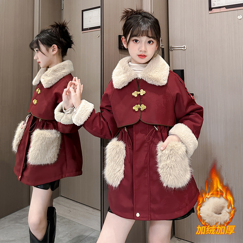 女童年服皮衣派克服冬装儿童兔毛加绒PU皮冲锋衣棉衣免洗厚皮外套