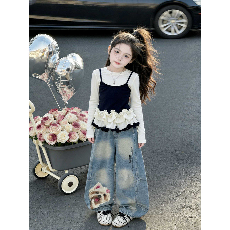 套装春秋T恤儿童2026阔新款好看两件长袖腿裤花边女大童女童假超