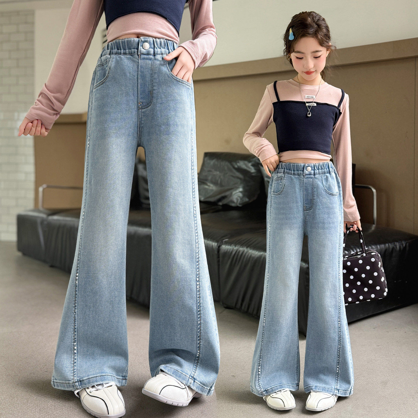 女孩韩版牛仔裤时尚女童百搭弹力中大童春秋装儿童长裤喇叭裤裤子