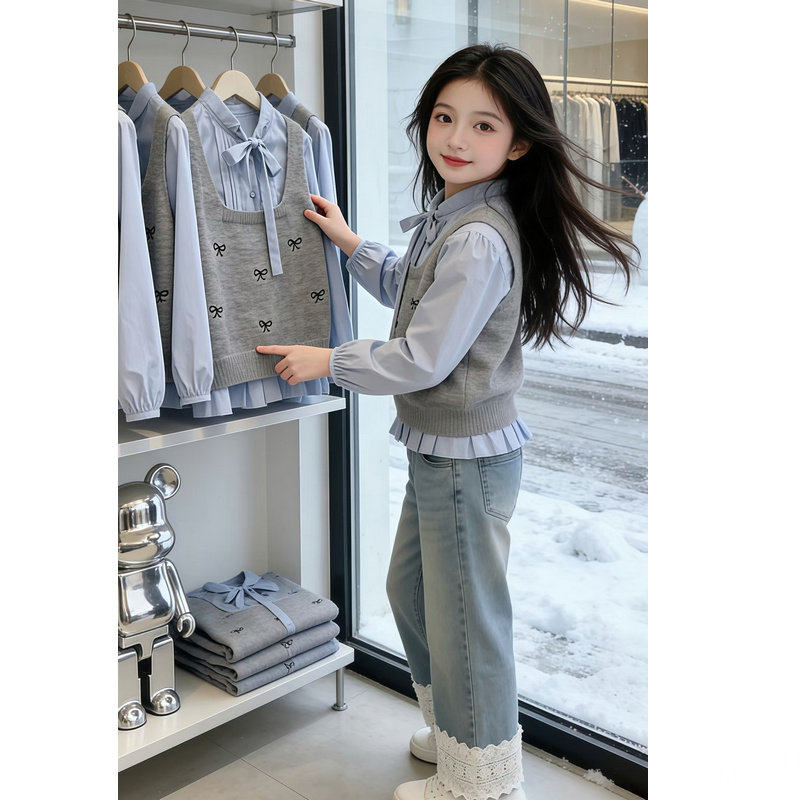 背心衬衫两件套新款超马甲套装针织2026韩版长袖春装儿童女童好看