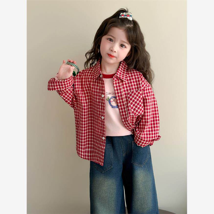 女童秋季格子衬衫2025新款时髦儿童秋装休闲宽松网红洋气翻领外套