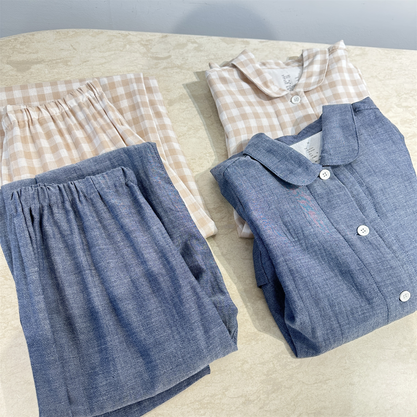 日系双层棉纱家居服女原单品质清新格纹衬衣长裤睡衣套装牛仔色秋