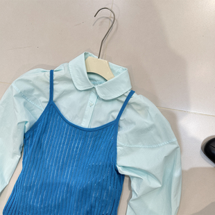 韩系娃娃翻领长袖衬衫女别致宽松爱心扣蓝绿色甜美气质天丝棉衬衣