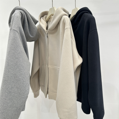 灰色双拉链加绒连帽卫衣女秋冬新休闲百搭加厚可内搭舒适帽衫外套