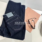 复古深蓝四面弹直筒牛仔裤 秋 女拼条纹腰头设计宽松显瘦高腰阔腿裤