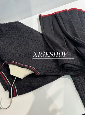 缪系深灰色撞色开衫套装复古麻花圆领短袖上衣减龄百褶短裙三件套