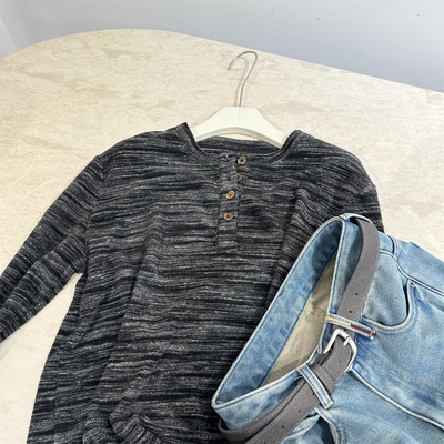 秋冬亨利领绒感长袖T恤女杂灰色老钱软糯加厚宽松显瘦打底上衣ins