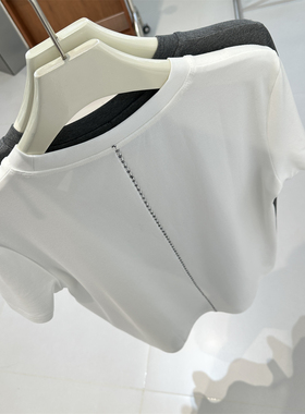简约刺绣后背小心机短袖T恤女百搭显瘦正肩纯色打底上衣白色内搭
