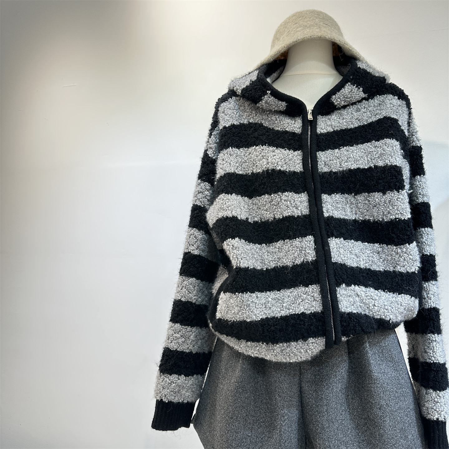 重磅颗粒感含羊毛撞色条纹毛衣外套女秋冬加厚宽松双拉链连帽开衫,女装/女士精品,毛衣,淘宝优惠券,粉丝福利购,淘宝优惠卷