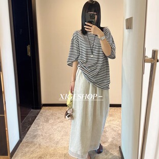 条纹半袖 T恤女后中分割线设计宽松慵懒百搭软糯圆领短袖 上衣夏季
