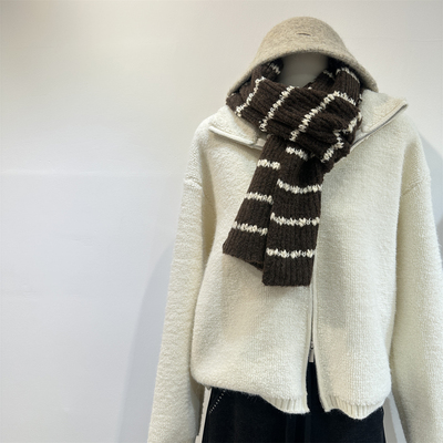 奶白色毛圈纱线加厚双拉链毛衣外套女秋冬ro*w风叠搭小立领短开衫