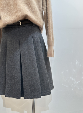 格雷系灰色羊毛呢半身裙女高腰a字mi*u风遮胯显瘦百搭百褶中裙冬