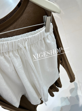 白色松紧腰抽绳亚麻短裤女夏小个子显瘦宽松a字老钱风休闲阔腿裤