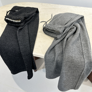 纯色仿羊毛质感抽绳休闲裤 秋冬 女高腰显瘦百搭加厚阔腿香蕉弯刀裤