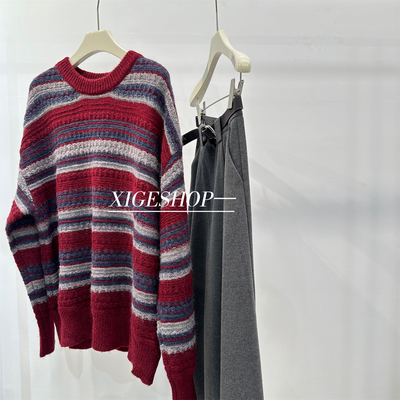 复古深红色条纹撞色毛衣显白高级宽松慵懒圆领套头针织上衣外套秋