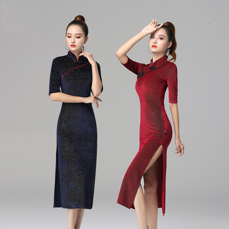 新款拉丁舞旗袍连衣裙子改良版摩登舞交谊舞国标舞练功演出比赛裙