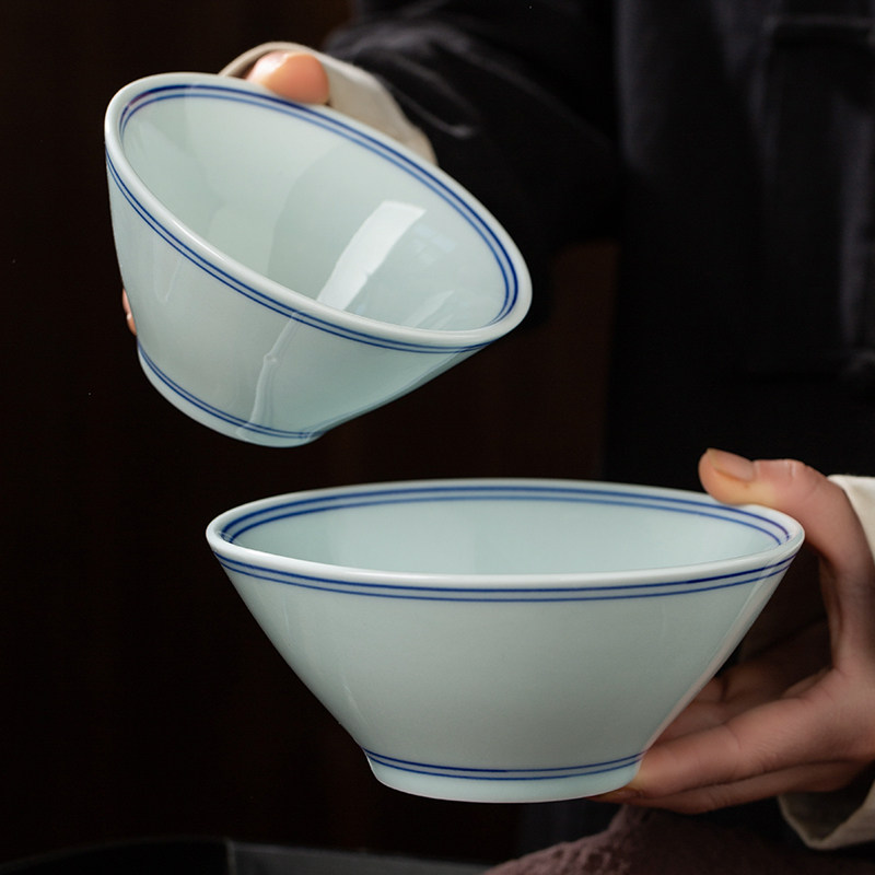 斗笠碗家用中式复古简约饭碗景德镇陶瓷汤碗牛肉拉面碗商用蓝边碗