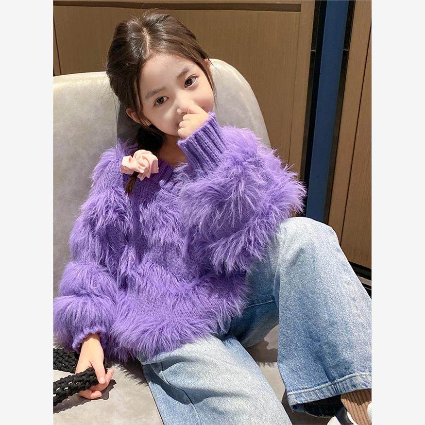 女童水貂绒毛毛衣秋冬装儿童多巴胺糖果毛衣大童小香风流苏毛线衣