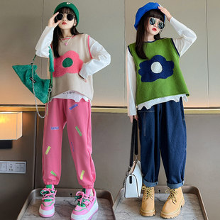 新款款春秋衣服洋气大童时髦女童2025马甲三件套儿童秋装套装女孩