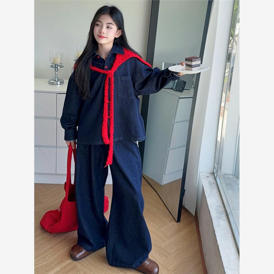 覆古牛仔衬衫套装春秋女
