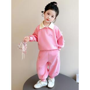 春装卫衣儿童2026女宝超蝴蝶结休闲两件套女童款春秋好看时髦套装