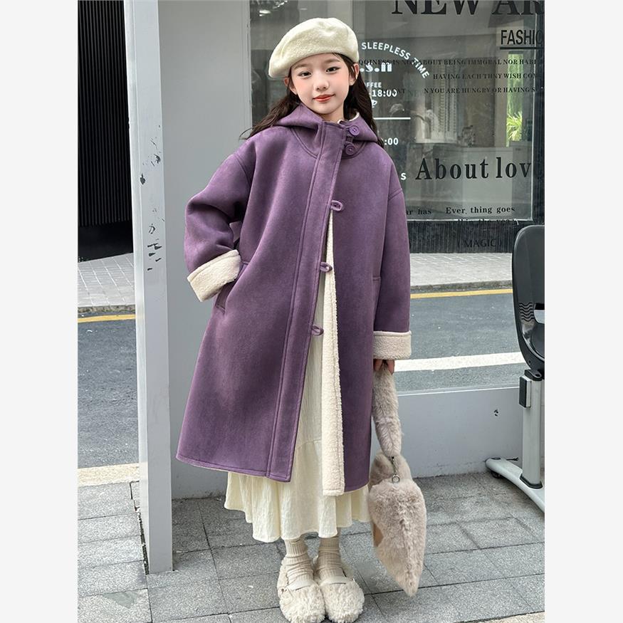 秋冬新款中、大号儿童羊皮加厚连帽女式长皮衣