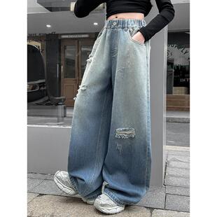 休闲女孩阔腿裤女童直筒2026长裤儿童春秋新款大中破洞窄版牛仔裤