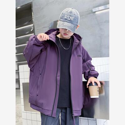 儿童冲锋衣紫色男童外套连帽中大童衣服男孩紫色黑色连帽春秋装季
