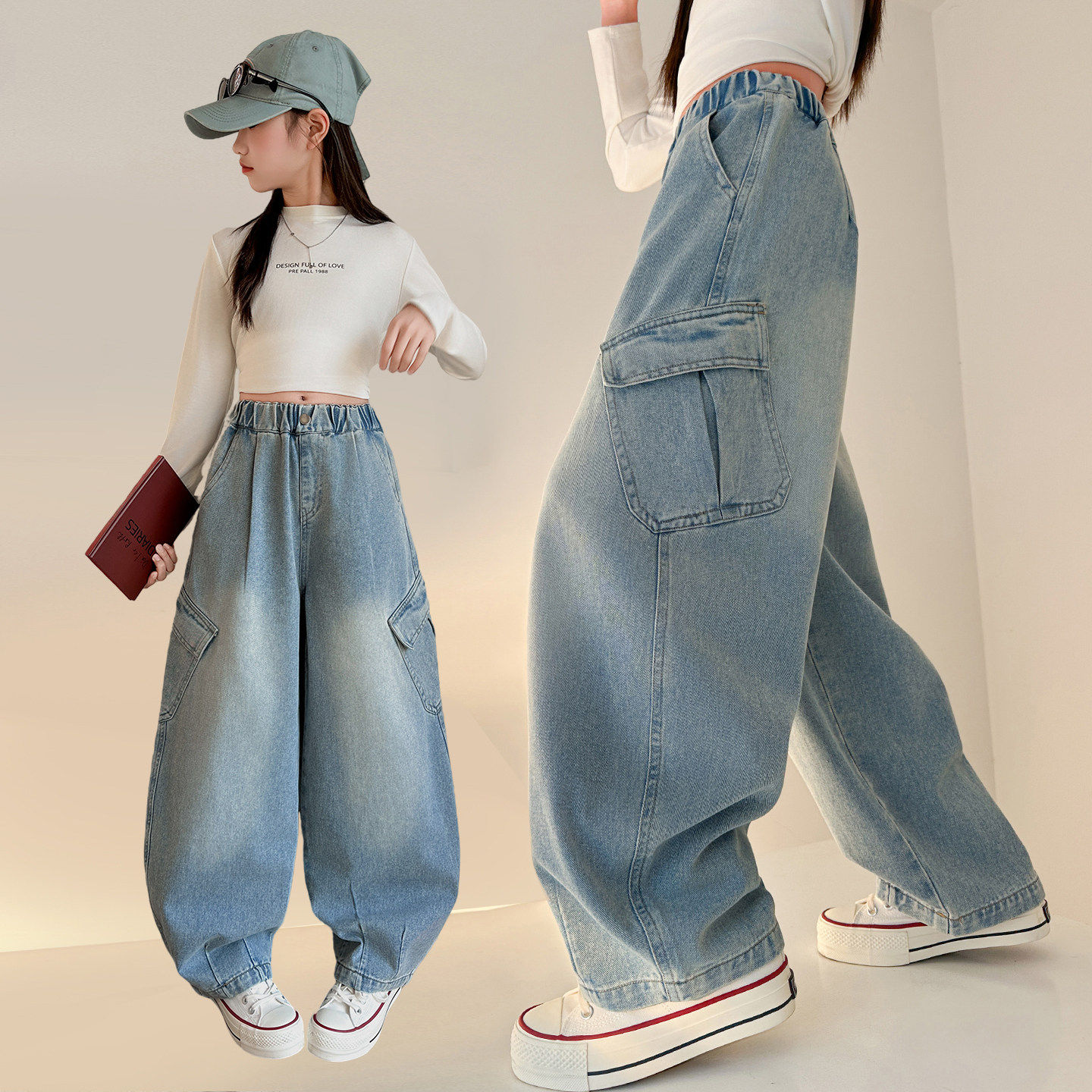 春秋宽松春装儿童工装裤牛仔裤韩版裤子款宽松女大童女童休闲春季