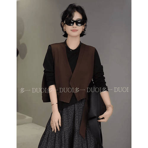 2025秋季时尚西装马甲不规则飘带坎肩一粒扣无袖外搭马夹上衣外套