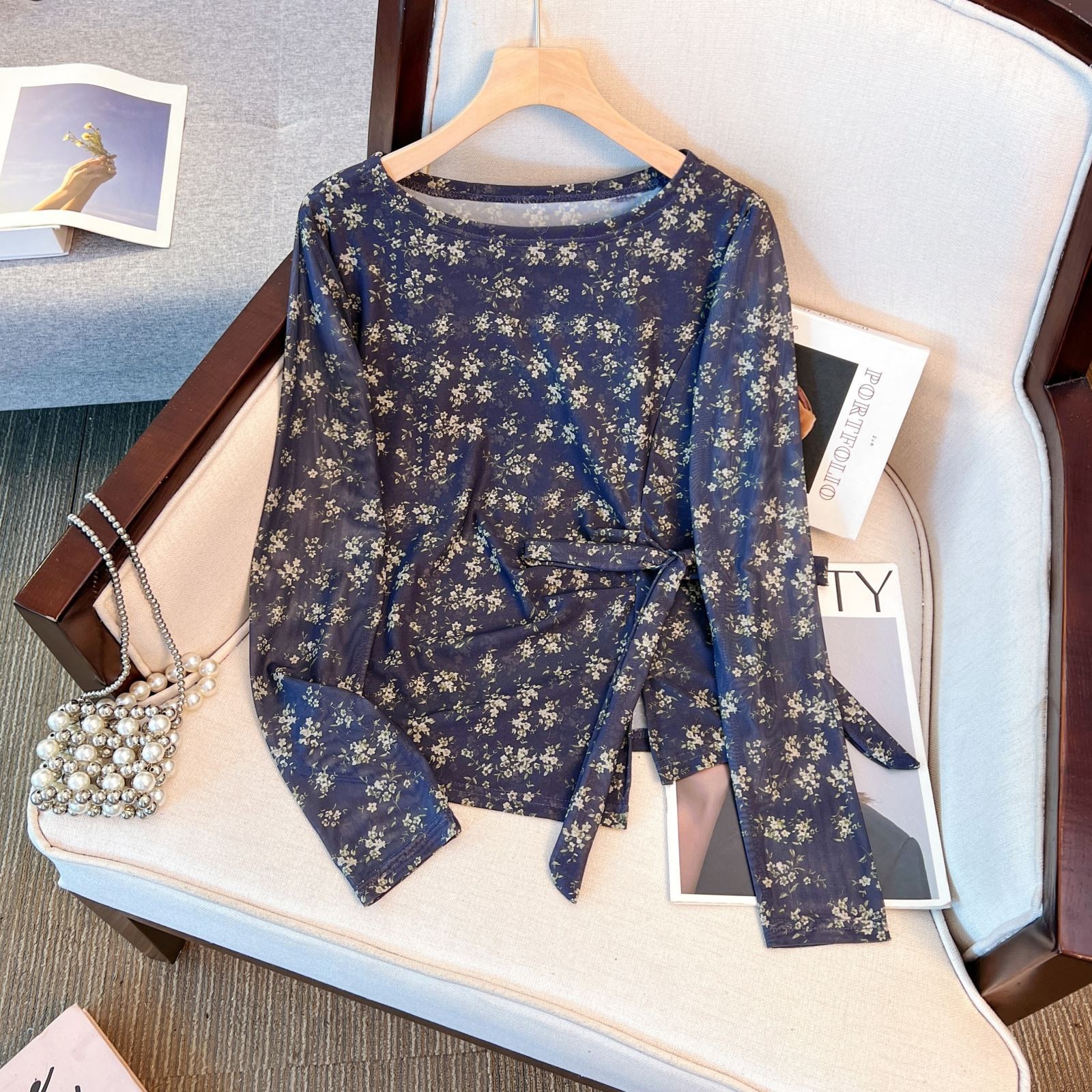 大码女装早秋双层韩版印花气质绑带长袖T恤女新款设计感网纱上衣