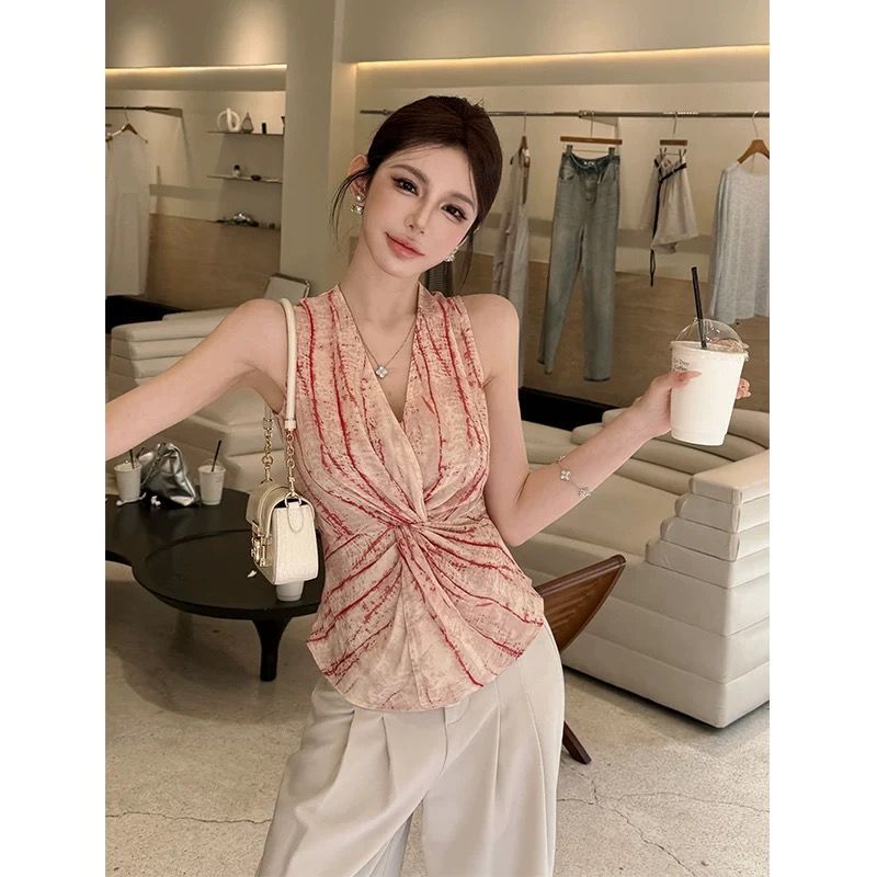 晕染条纹v领吊带背心女夏外穿内搭设计感扭结气质高级感无袖上衣