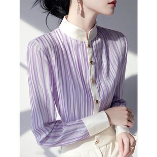 时尚高级感春装新款女装法式设计洋气减龄显瘦纯色撞色条纹衬衫女