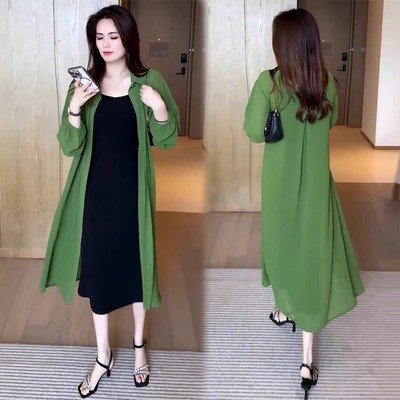 时尚中长款衬衫女2025夏季新款洋气宽松显瘦薄款防晒长袖衬衣外披