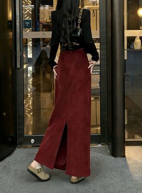 法式复古轻熟气质红色灯芯绒半身裙女冬季高腰显瘦后开叉a字长裙