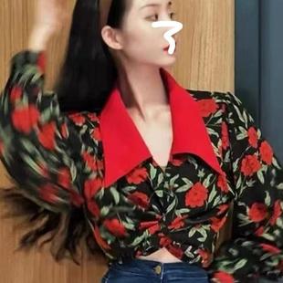 港风复古气质玫瑰印花长袖衬衫女法式高腰系带修身衬衣短款上衣女