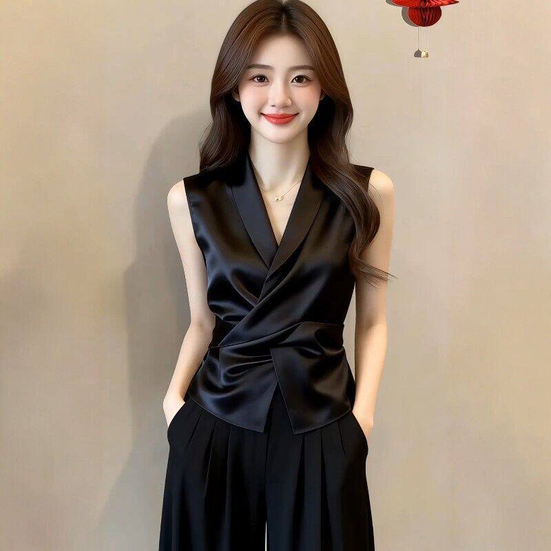 大码女装气质轻熟收腰无袖衬衫2026夏新款设计感交叉绑带背心上衣