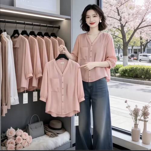 大码胖MM法式甜美气质V领七分袖衬衫女夏季2026新款超火减龄上衣
