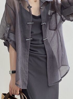 新中式盘扣国风衬衫女装2025新款夏季吊带连衣裙外搭开衫薄款防晒