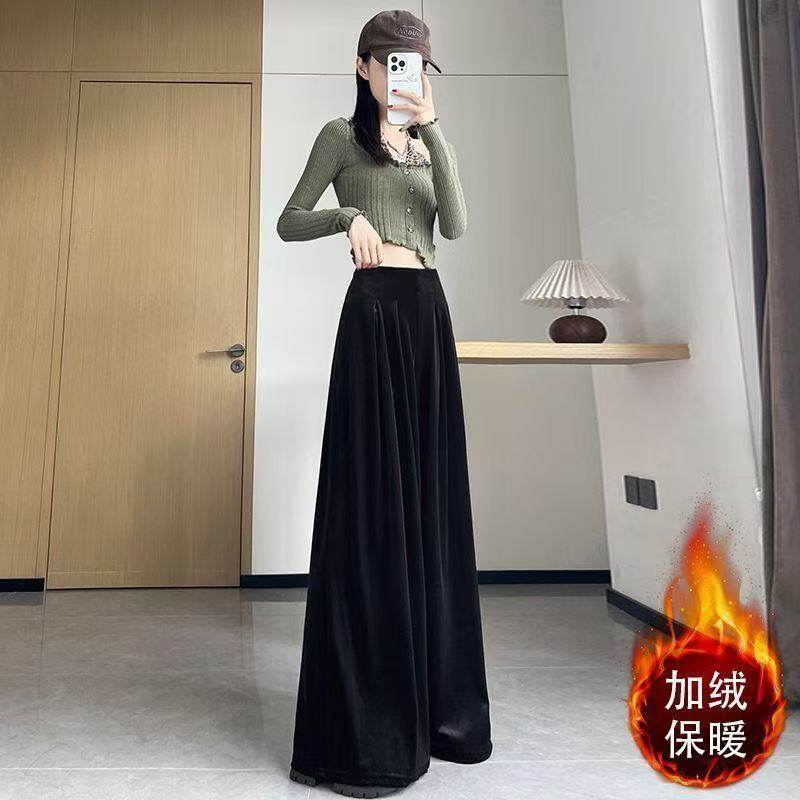 黑色加绒加厚金丝绒阔腿裤女秋冬高腰垂感宽松慵懒风休闲拖地裙裤,女装/女士精品,休闲裤,淘宝优惠券,粉丝福利购,淘宝优惠卷