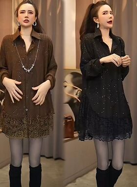 2025欧货韩系蕾丝花边拼接亮闪闪上衣大码别致独特超好看翻领衬衫