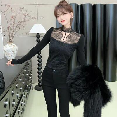 卡卡女装官方旗舰店正品纯欲风性感挂脖镂空蕾丝拼接上衣女打底衫