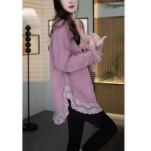 弧形开叉蕾丝边设计中长款加绒t恤女长袖秋冬加厚宽松遮屁股上衣
