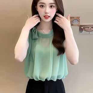 绿色蝴蝶结绑带背心衬衫女款2026夏季设计感小众显瘦气质雪纺上衣